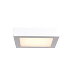 Strike 2.0 SQ LED Flush Mount by Access Lighting, featuring a square white design with a frosted center panel, illuminated against a white background.