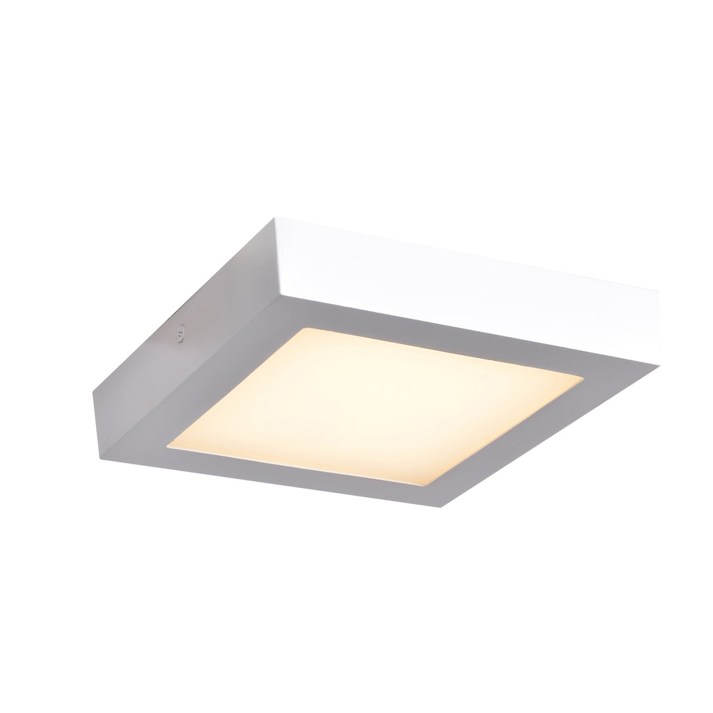 The Strike 2.0 SQ LED Flush Mount by Access Lighting features a square white design with a frosted diffuser, emitting a soft, even glow.