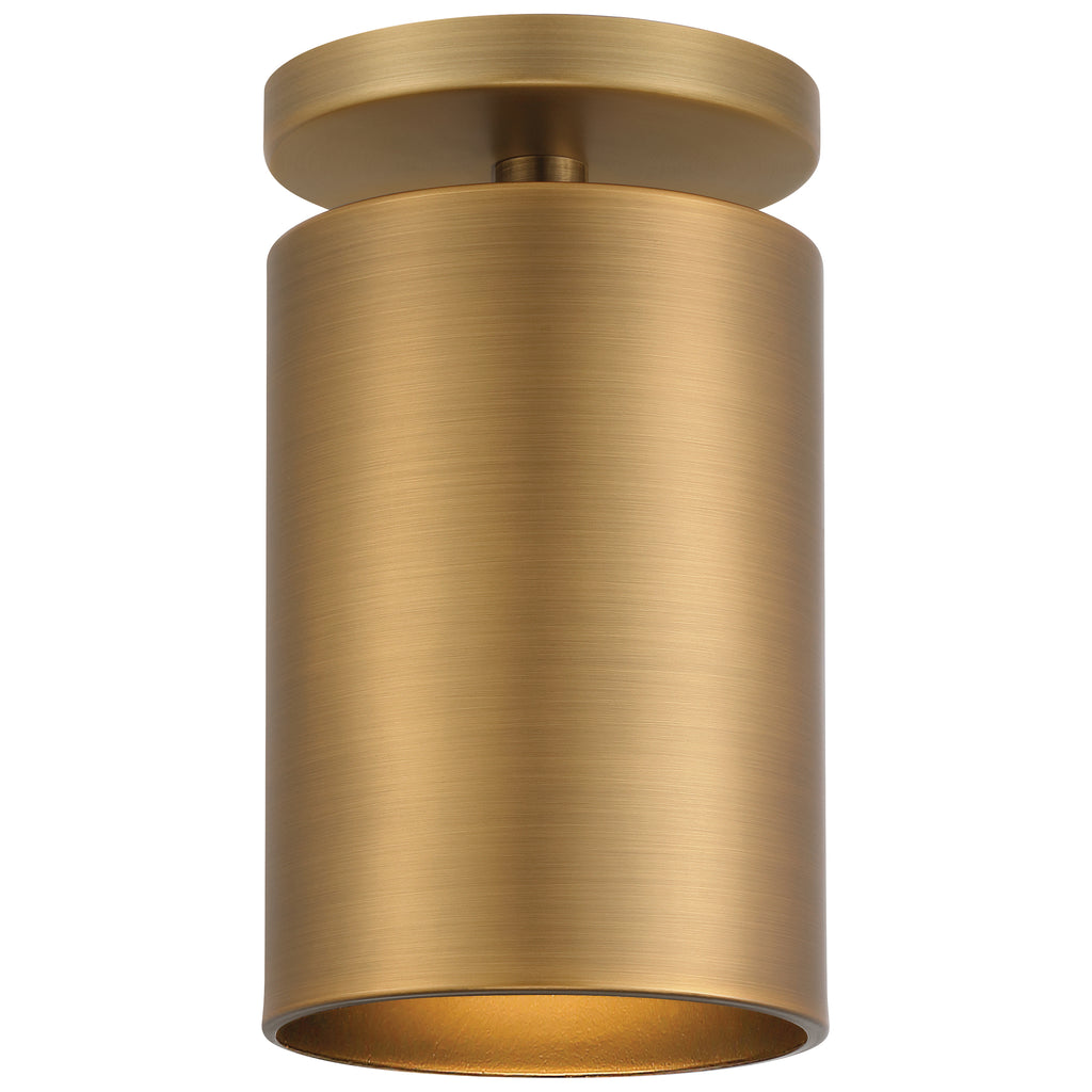 The Pint Indoor 1 Light Semi Flush by Access Lighting is a brushed brass cylindrical ceiling fixture with a flush mount base, displayed against a plain white background.