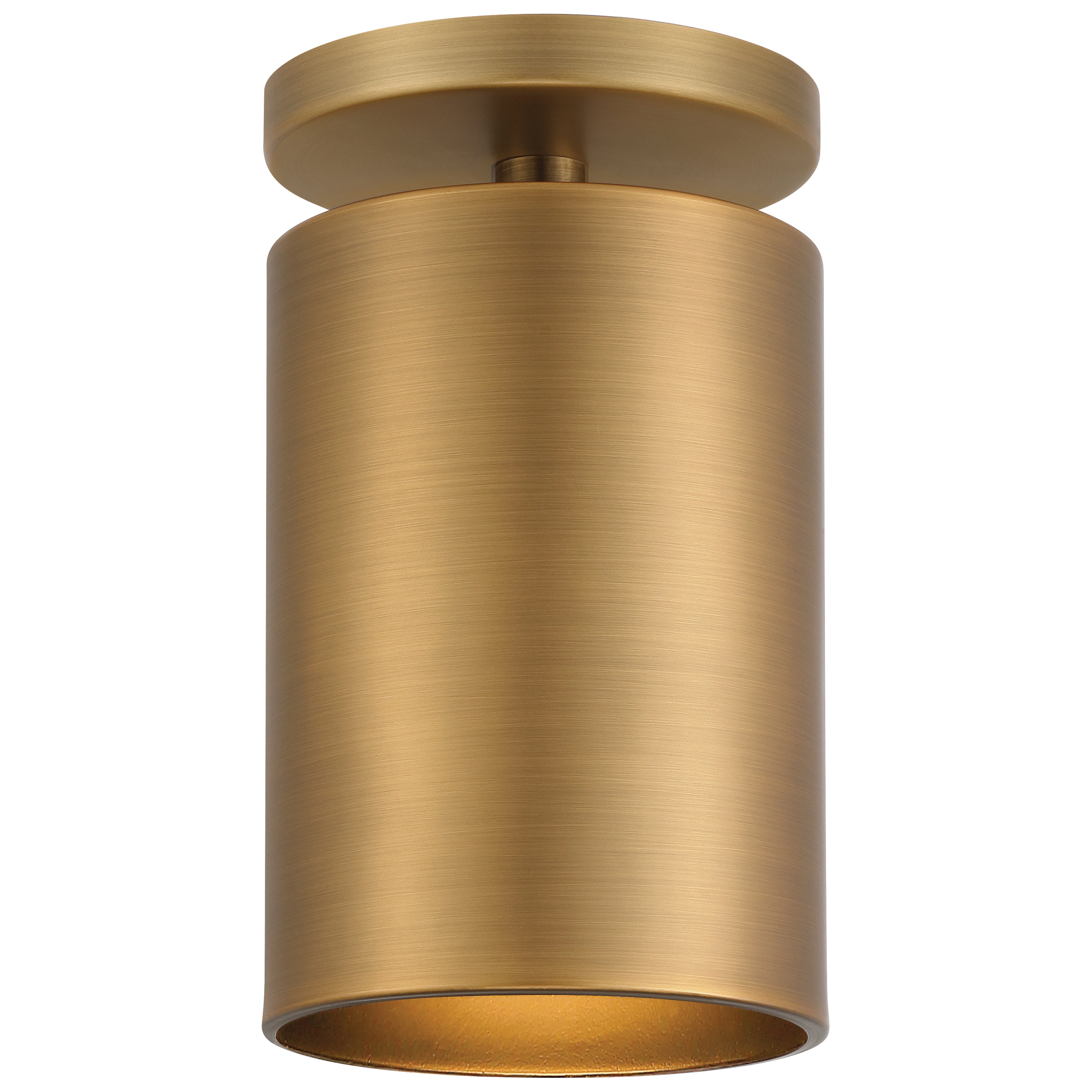 The Pint Indoor 1 Light Semi Flush by Access Lighting is a brushed brass cylindrical ceiling fixture with a flush mount base, displayed against a plain white background.