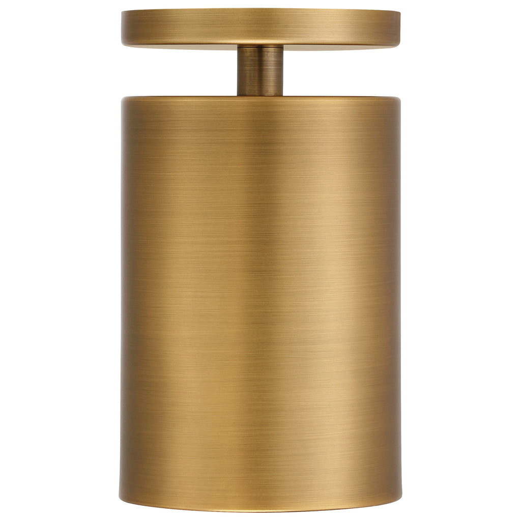 The Pint Indoor 1 Light Semi Flush by Access Lighting is a brushed gold cylindrical fixture featuring a flat round lid with a central knob-like handle on top, shown against a white background.