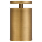 The Pint Indoor 1 Light Semi Flush by Access Lighting is a brushed gold cylindrical fixture featuring a flat round lid with a central knob-like handle on top, shown against a white background.