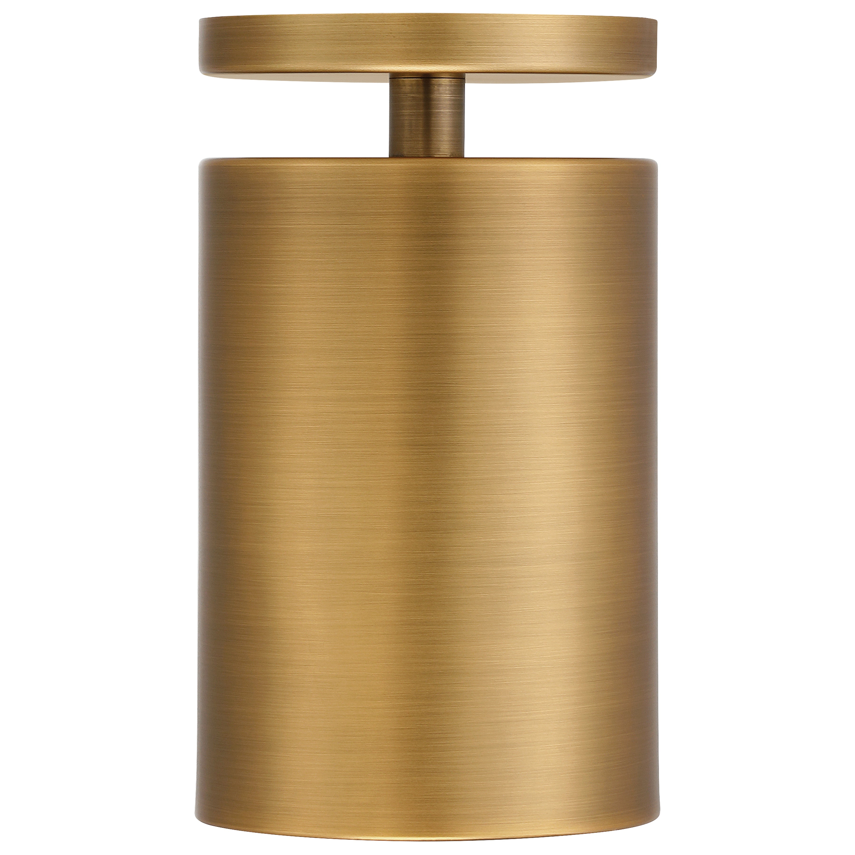 The Pint Indoor 1 Light Semi Flush by Access Lighting is a brushed gold cylindrical fixture featuring a flat round lid with a central knob-like handle on top, shown against a white background.
