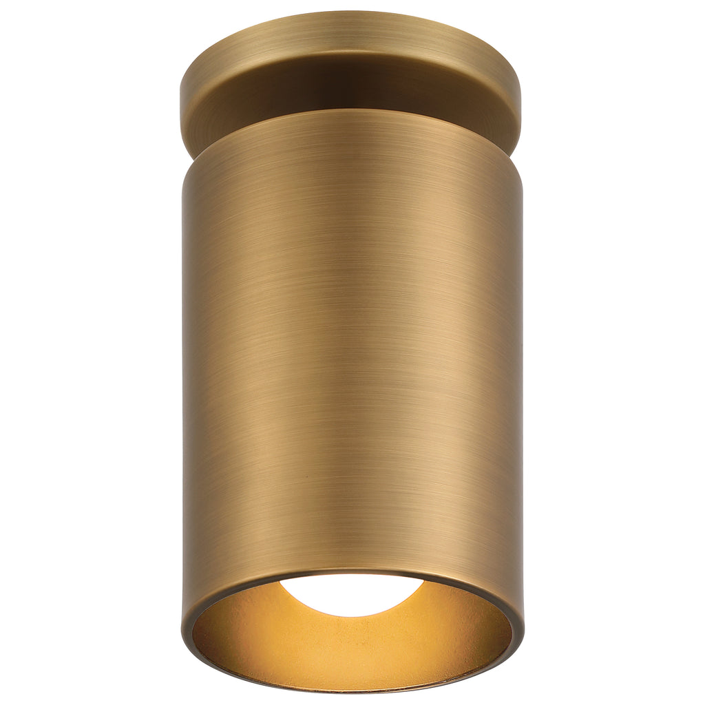 Pint Indoor 1 Light Semi Flush by Access Lighting features a brushed brass cylindrical design with a downward-facing light opening, mounted on a flat round base.