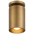 Pint Indoor 1 Light Semi Flush by Access Lighting features a brushed brass cylindrical design with a downward-facing light opening, mounted on a flat round base.
