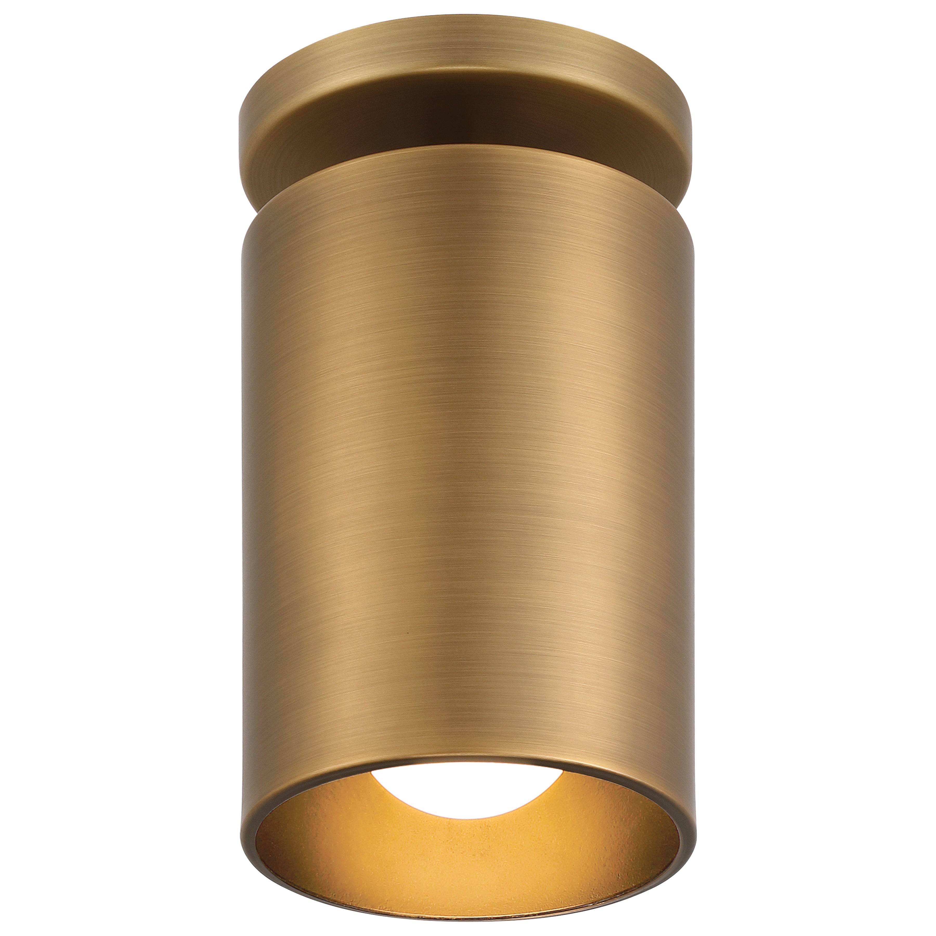 Pint Indoor 1 Light Semi Flush by Access Lighting features a brushed brass cylindrical design with a downward-facing light opening, mounted on a flat round base.