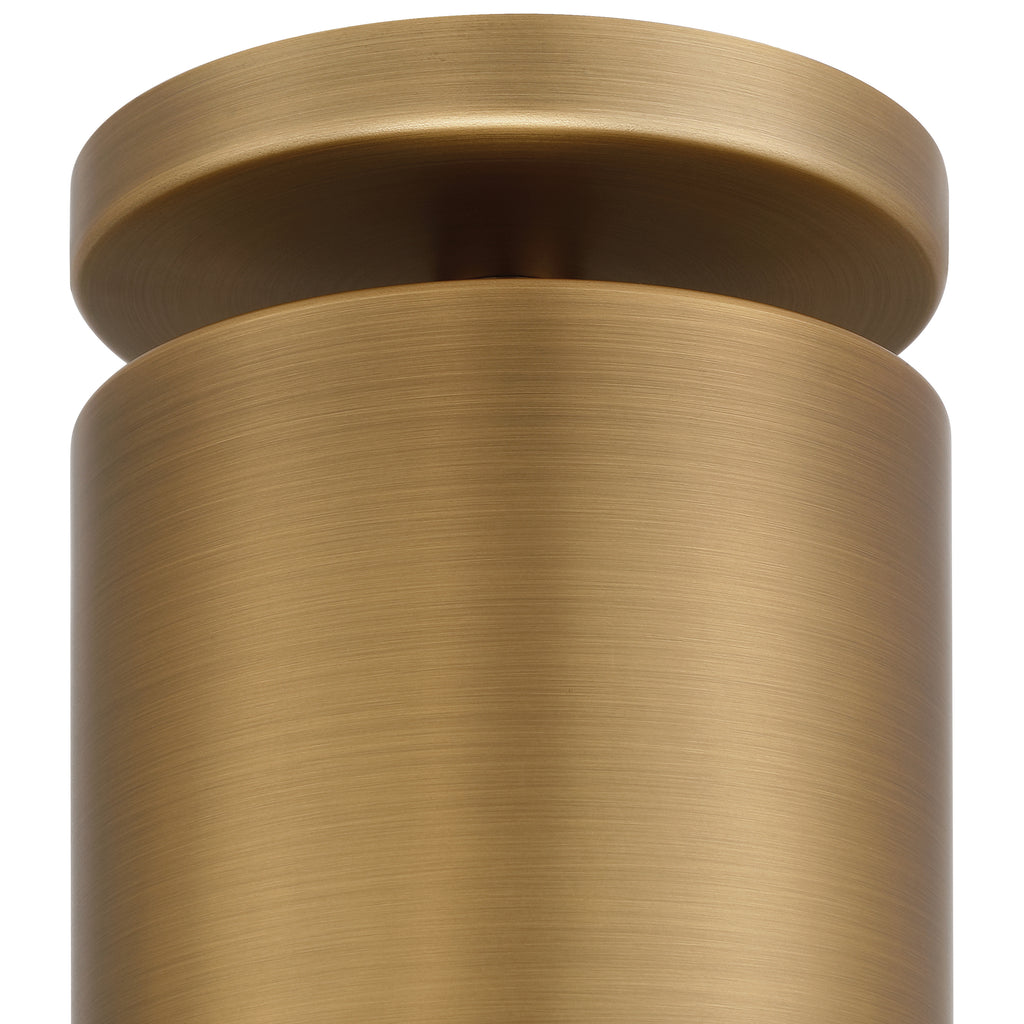 Close-up of the Pint Indoor 1 Light Semi Flush by Access Lighting, featuring a brushed brass cylindrical form with a round, flat top and a smooth metallic surface accented by horizontal grain lines.