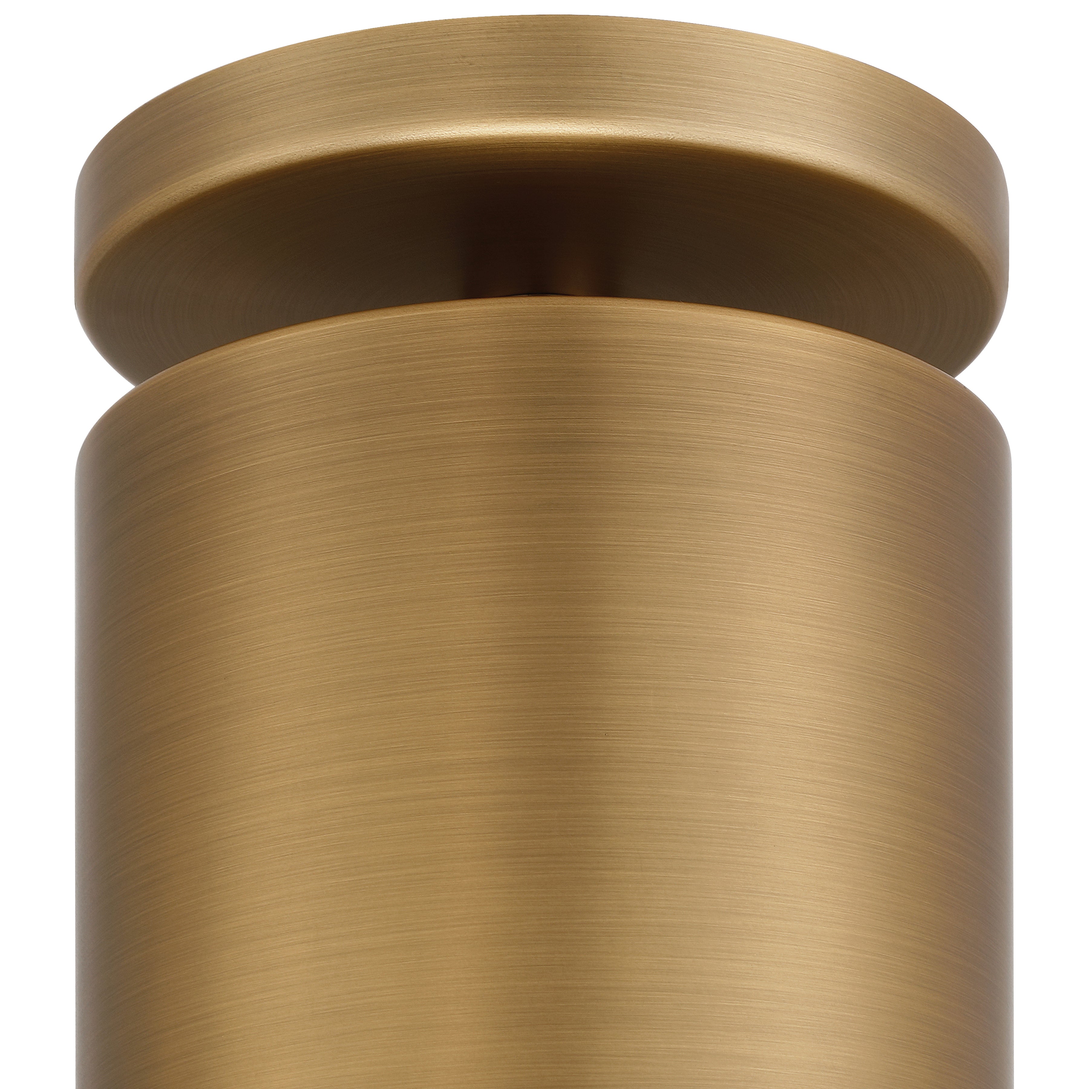 Close-up of the Pint Indoor 1 Light Semi Flush by Access Lighting, featuring a brushed brass cylindrical form with a round, flat top and a smooth metallic surface accented by horizontal grain lines.