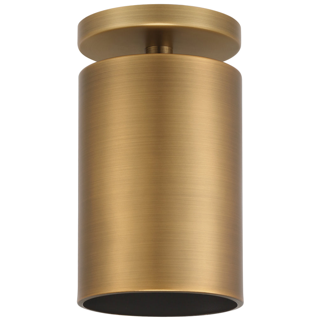 Pint Indoor 1 Light Semi Flush by Access Lighting features a brushed brass cylindrical design with a flat round base and open bottom, shown against a white background.