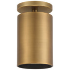 Pint Indoor 1 Light Semi Flush by Access Lighting features a brushed brass cylindrical design with a flat round base and open bottom, shown against a white background.