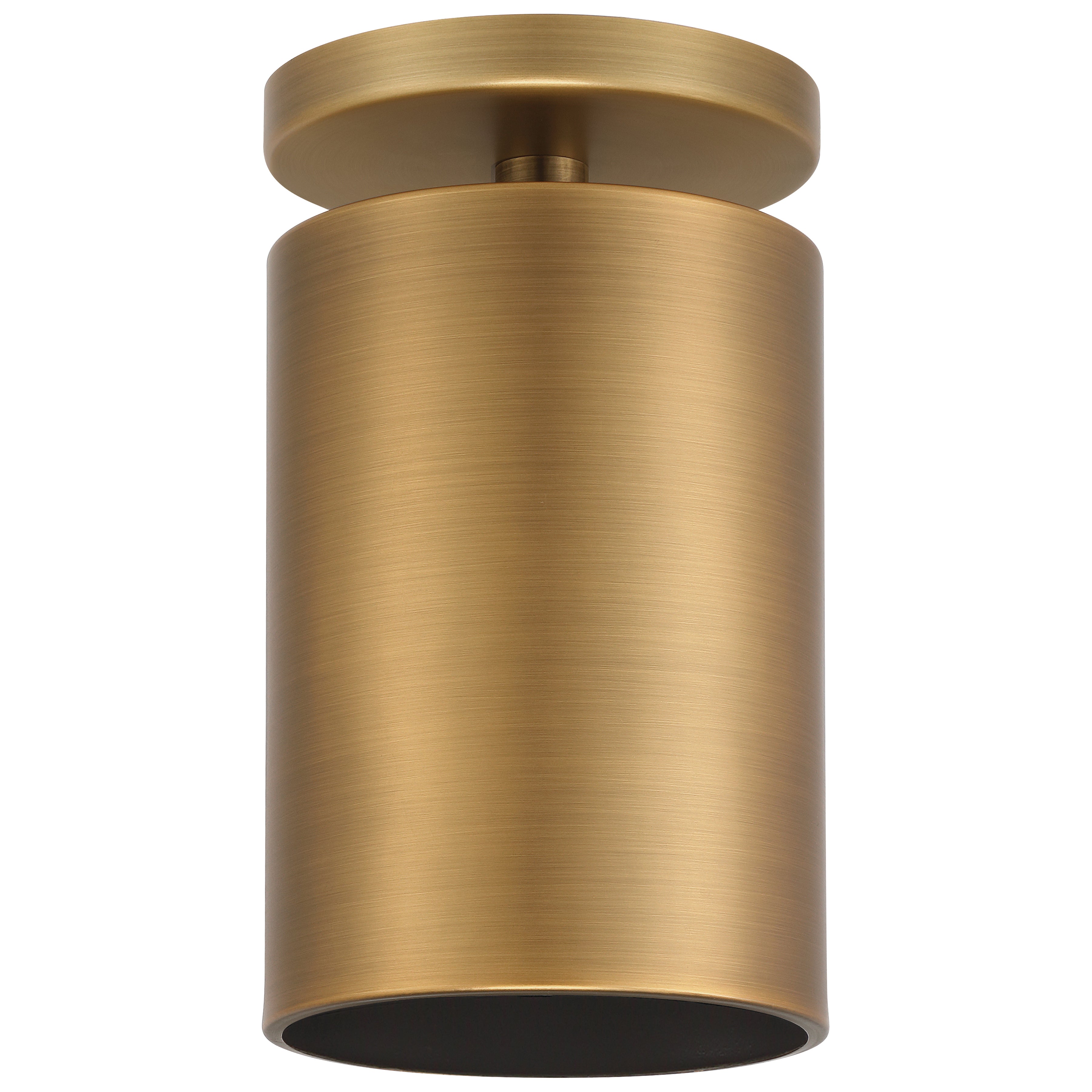 Pint Indoor 1 Light Semi Flush by Access Lighting features a brushed brass cylindrical design with a flat round base and open bottom, shown against a white background.