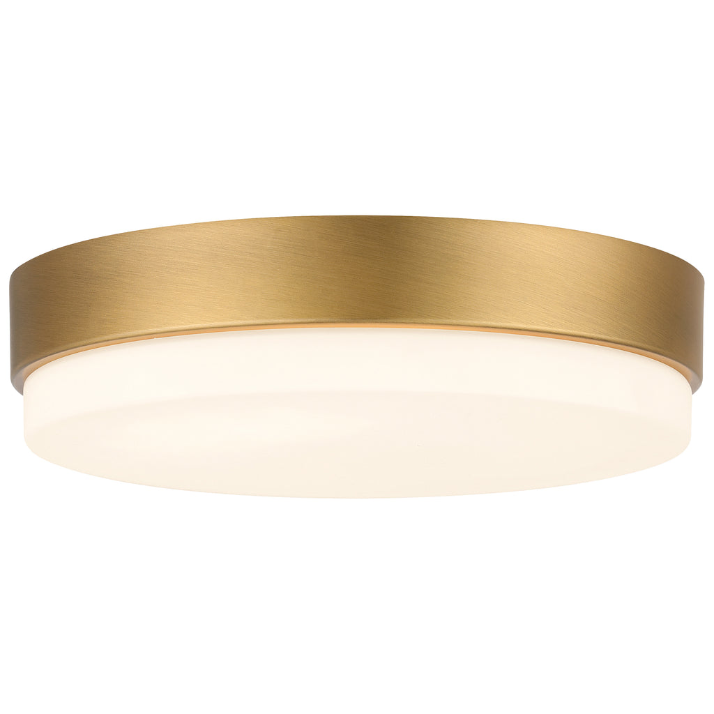 The Access Lighting Roma Minimus LED Flush Mount features an antique brushed brass frame and a frosted white diffuser.
