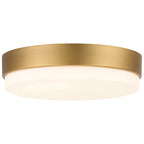 The Access Lighting Roma Minimus LED Flush Mount features an antique brushed brass frame and a frosted white diffuser.