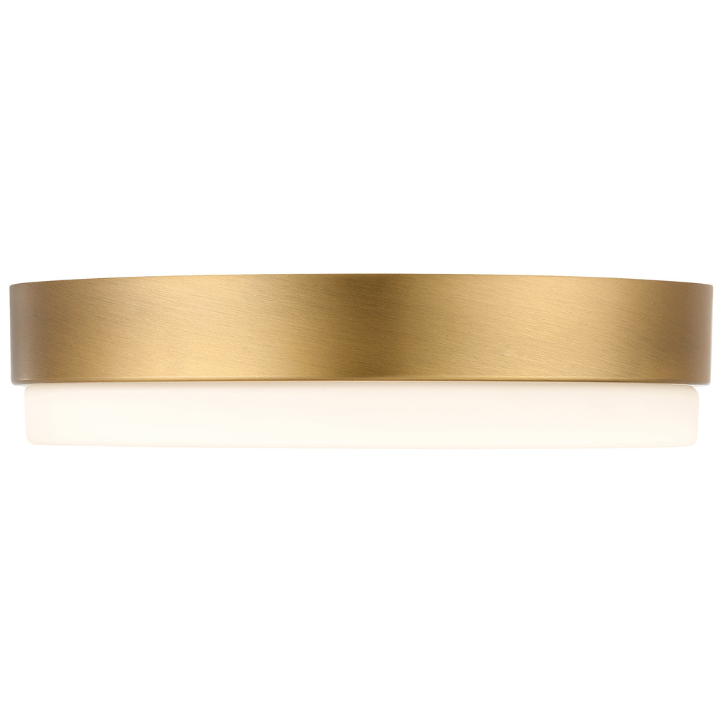 The Access Lighting Roma Minimus LED Flush Mount in Antique Brushed Brass features a circular frame and a white diffuser, shown from the side against a white background.