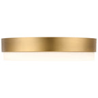 The Access Lighting Roma Minimus LED Flush Mount in Antique Brushed Brass features a circular frame and a white diffuser, shown from the side against a white background.