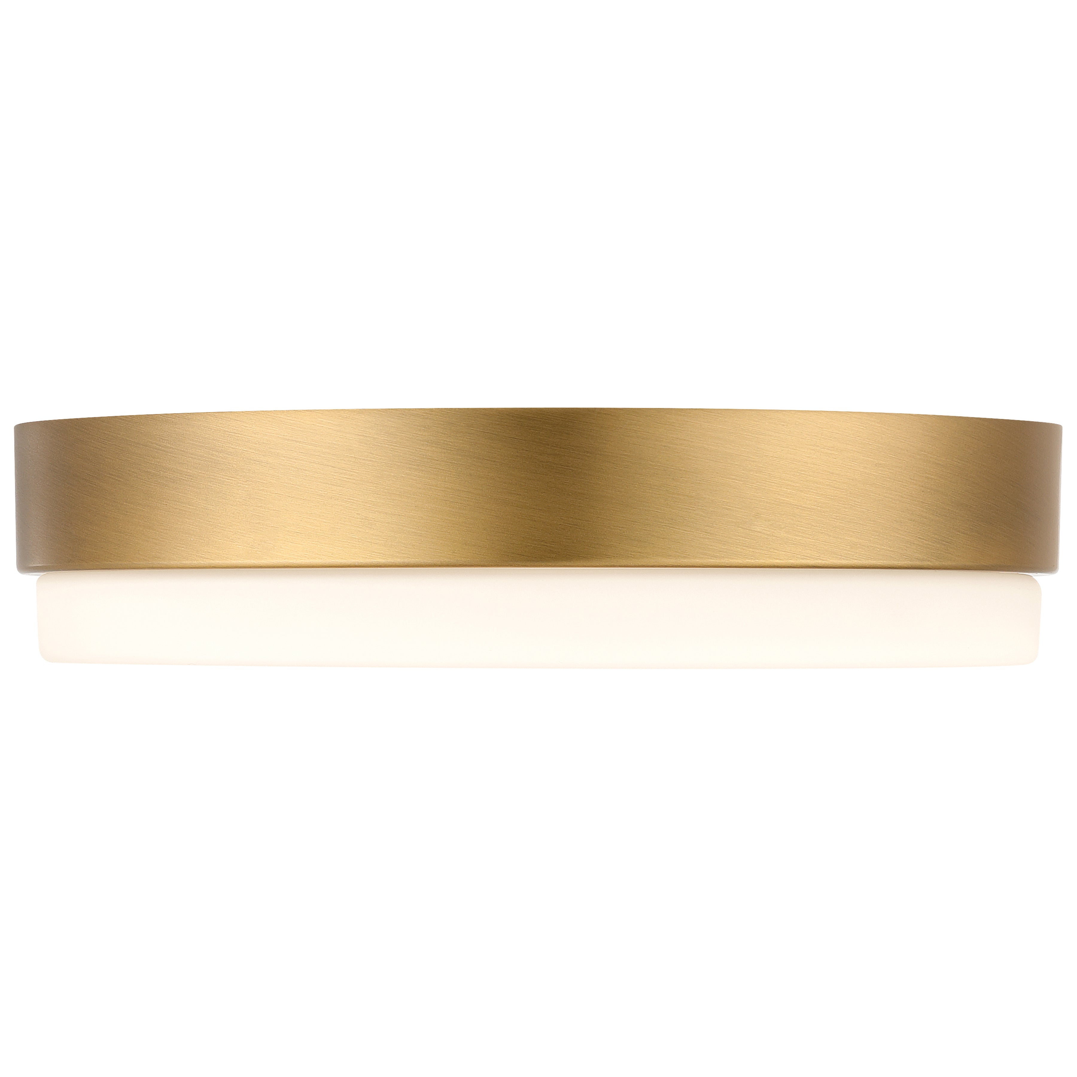 The Access Lighting Roma Minimus LED Flush Mount in Antique Brushed Brass features a circular frame and a white diffuser, shown from the side against a white background.