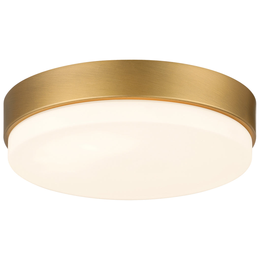 Roma Minimus LED Flush Mount by Access Lighting features an antique brushed brass rim and a white frosted glass shade, shown against a white background.