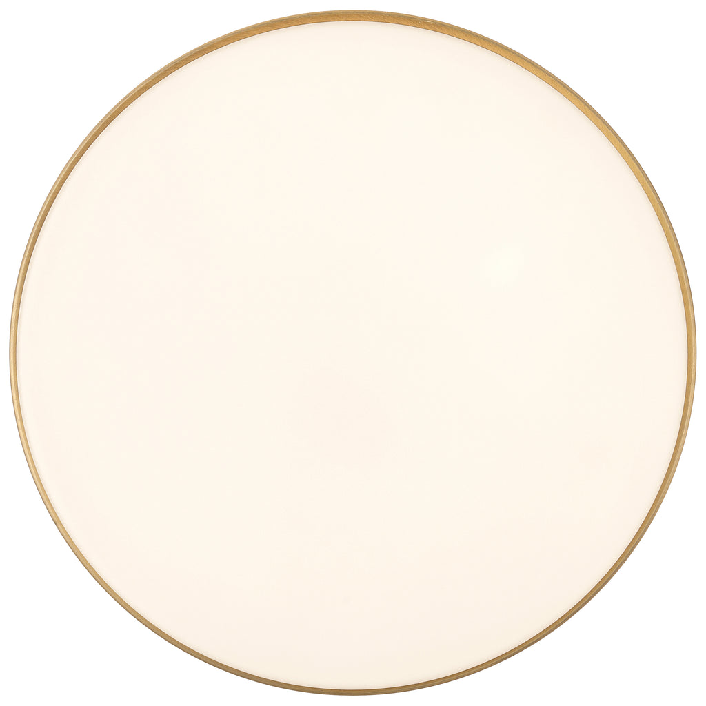 A round, flat, white surface with a thin antique brushed brass border, the Access Lighting Roma Minimus LED Flush Mount is viewed from above against a plain background.