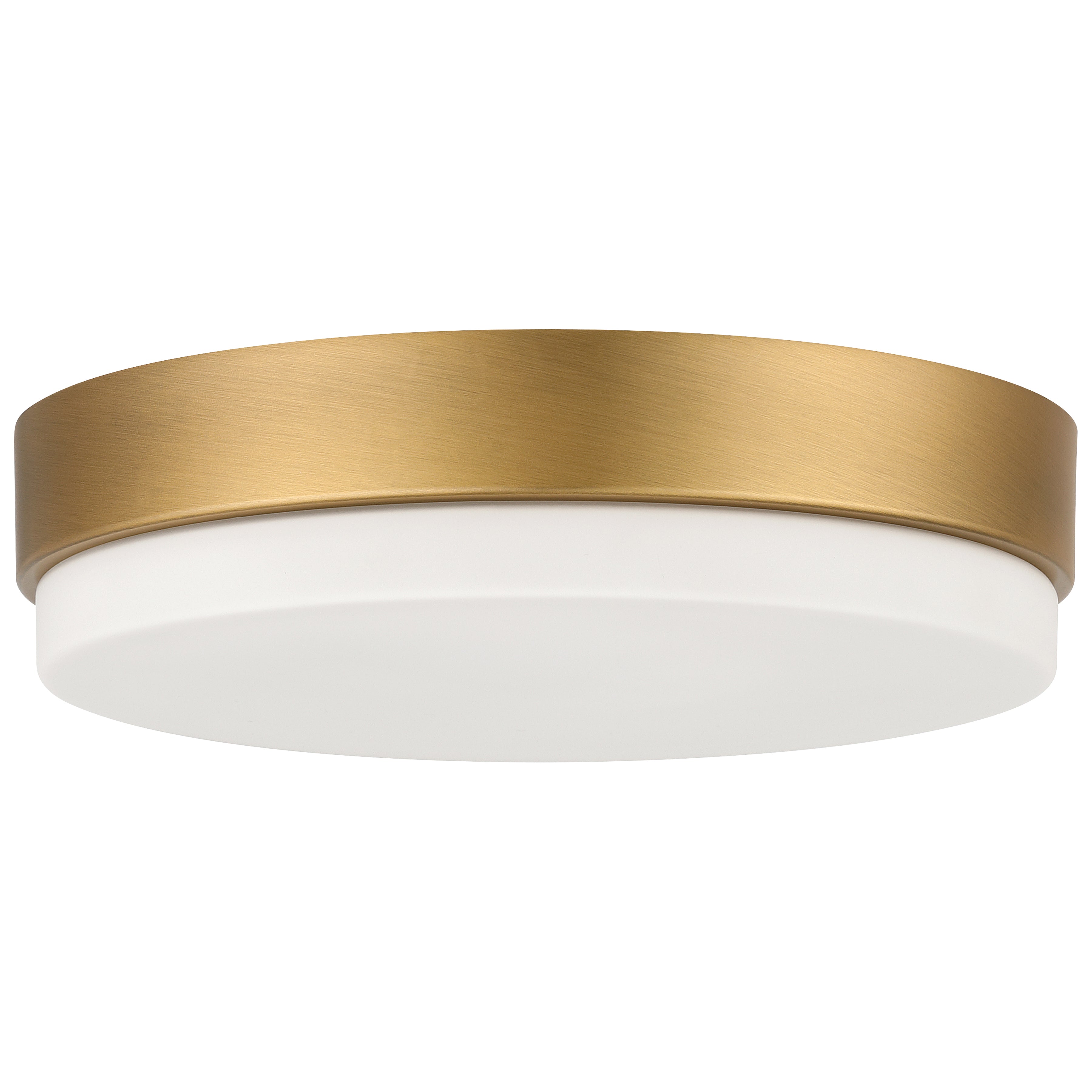 The Roma Minimus LED Flush Mount by Access Lighting features an antique brushed brass trim and a white frosted diffuser, shown against a white background.