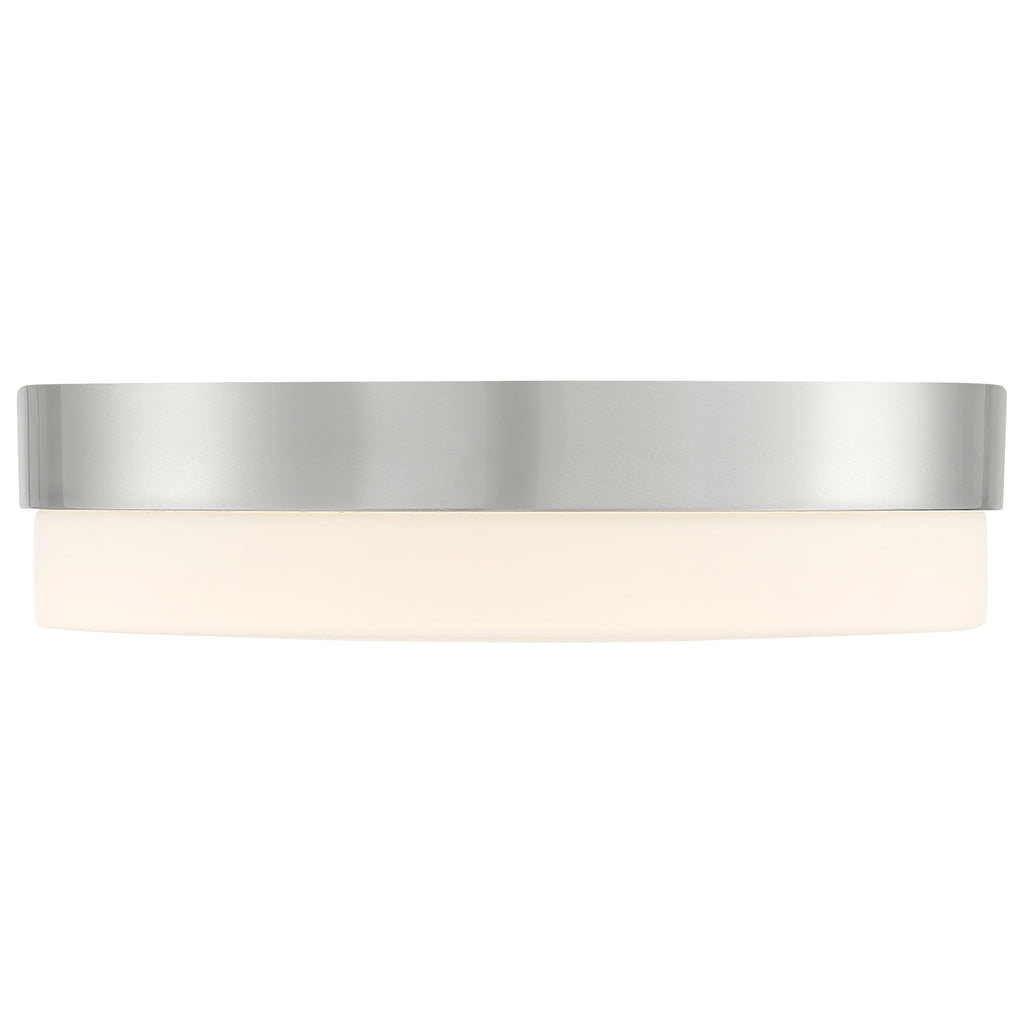 Roma LED Flush Mount by Access Lighting in Brushed Steel (14″), featuring a sleek brushed steel top and frosted white glass bottom, displayed against a plain white background.
