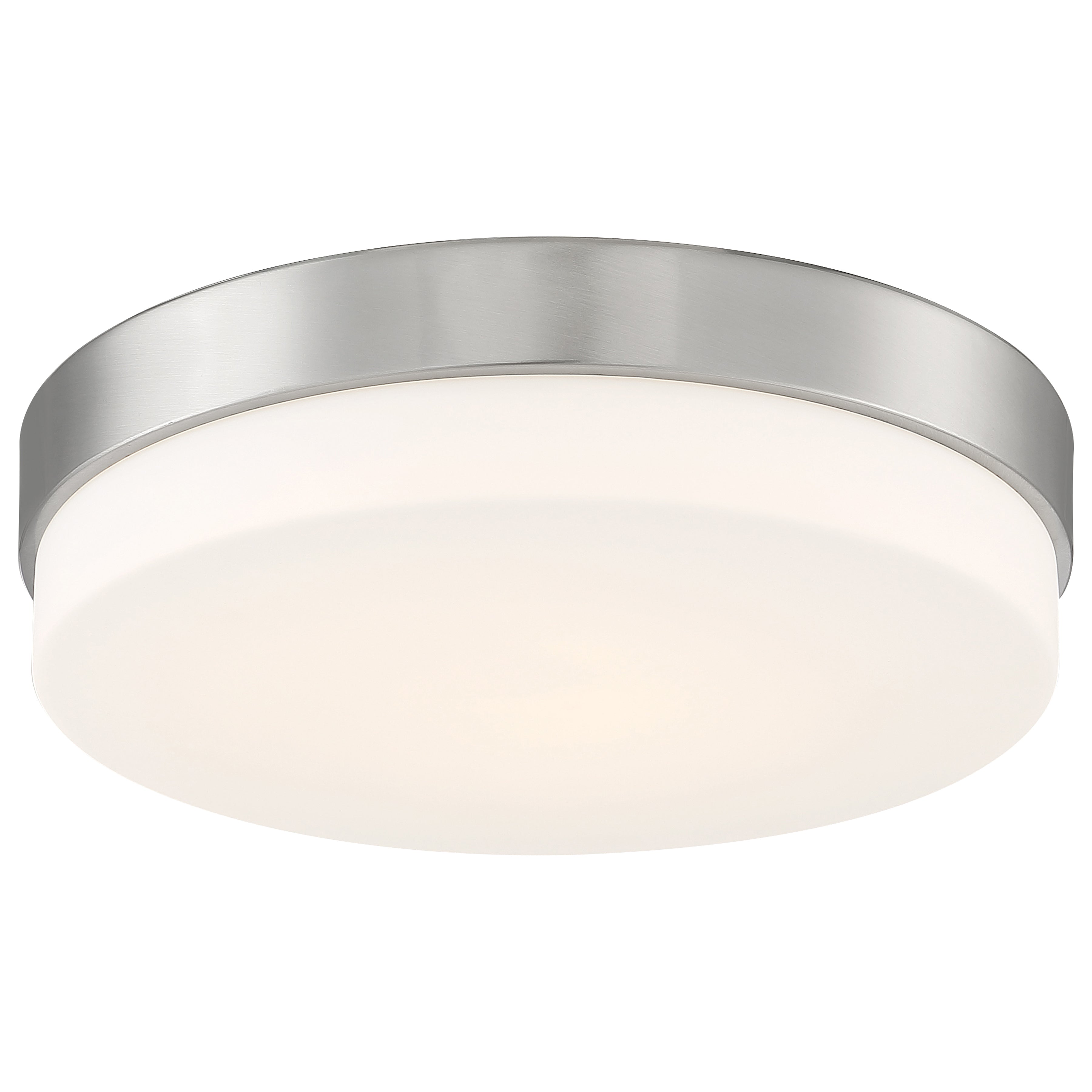 The Roma LED Flush Mount by Access Lighting features a brushed steel rim and a frosted white diffuser in a 14″ round design, shown from below against a white background.