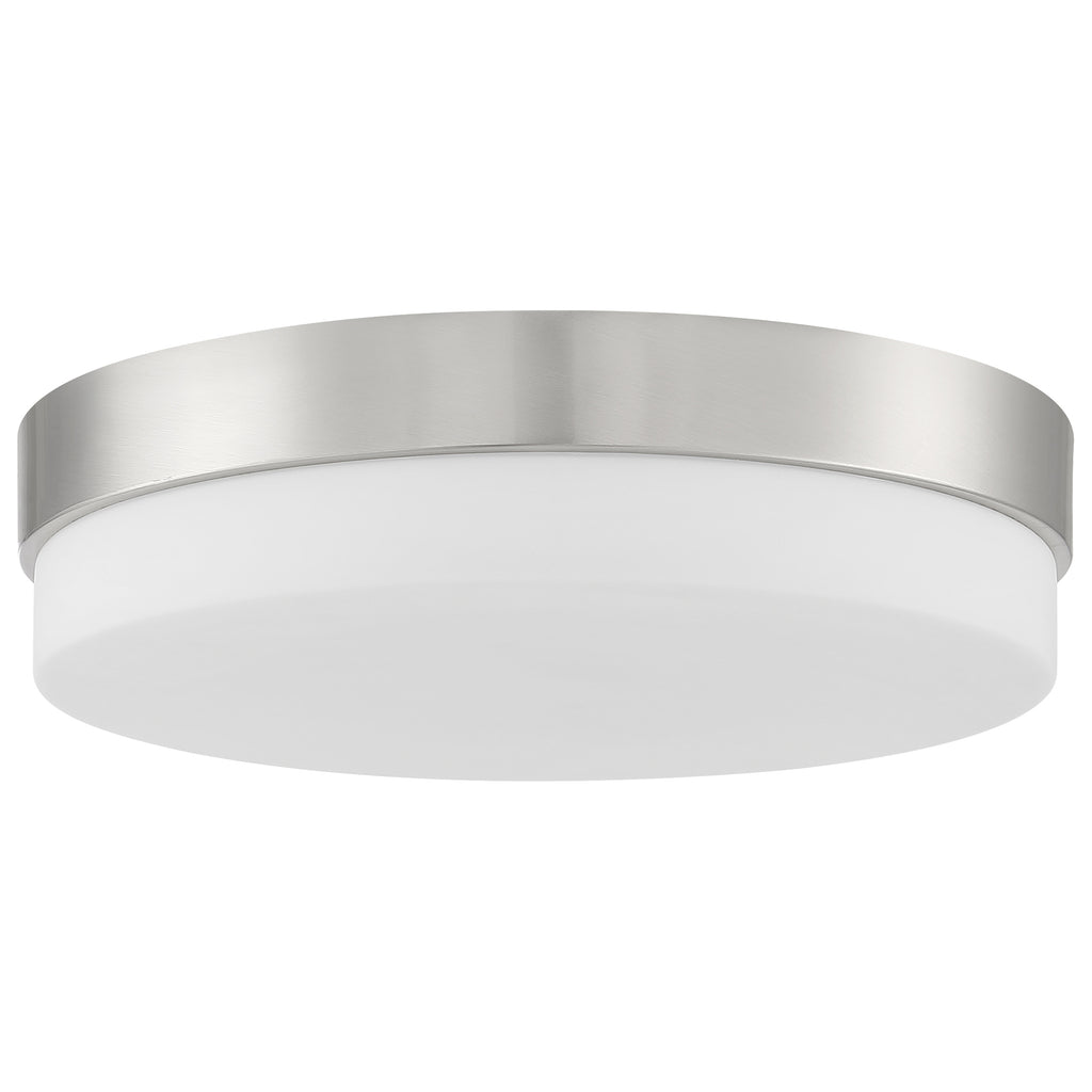 The Access Lighting Roma LED Flush Mount in brushed steel, 14″ size, features a round design with a white frosted diffuser and is photographed against a white background.