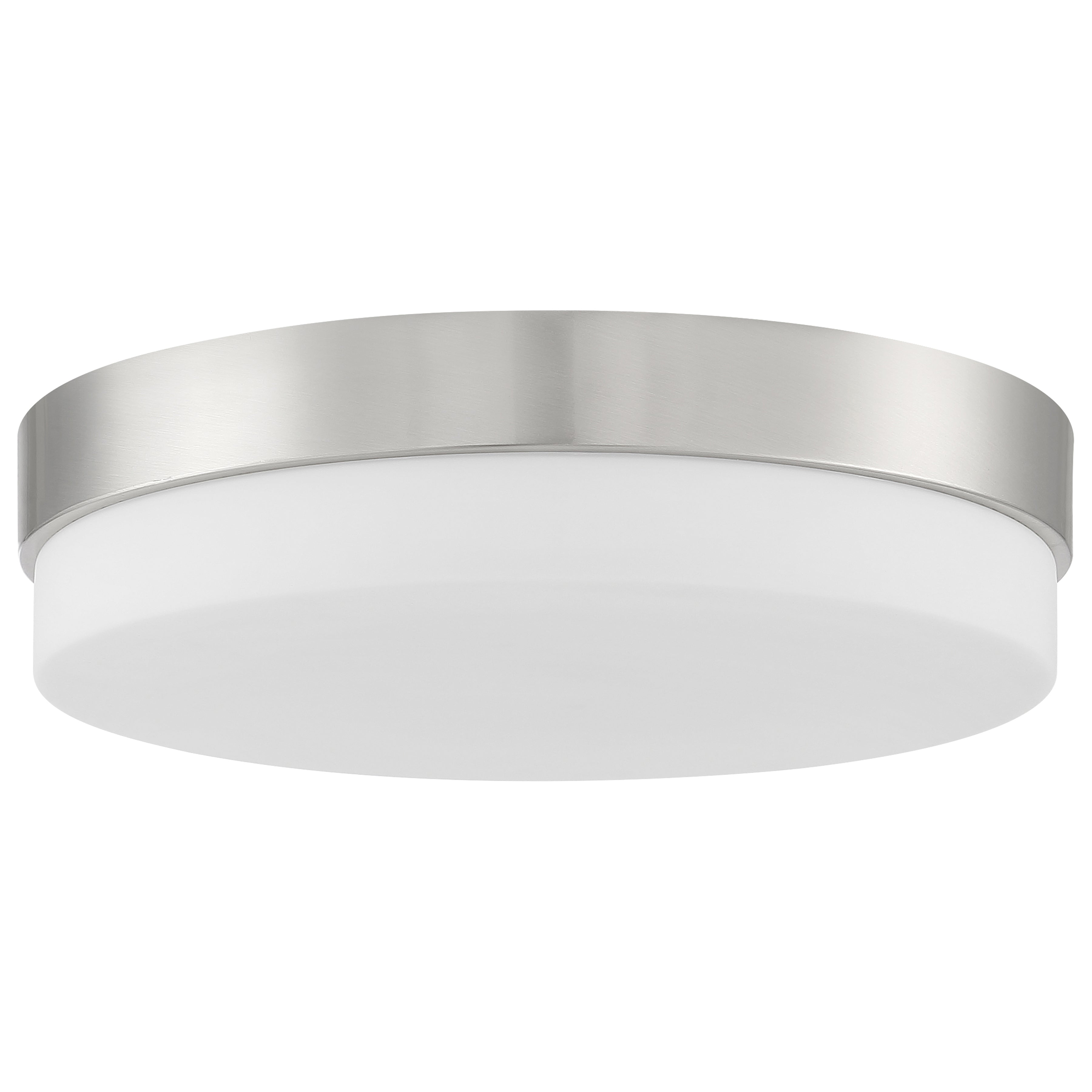 The Access Lighting Roma LED Flush Mount in brushed steel, 14″ size, features a round design with a white frosted diffuser and is photographed against a white background.