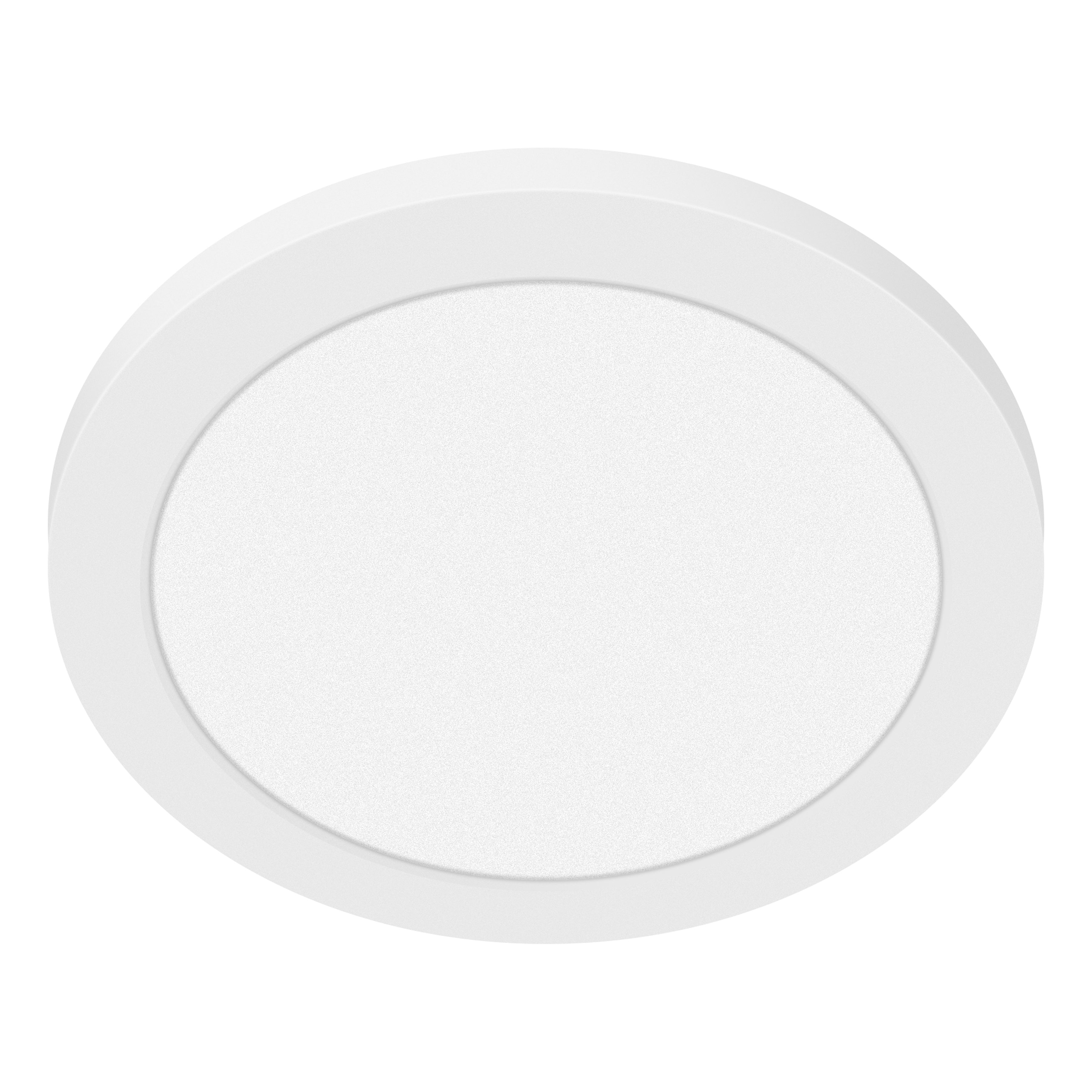 The ModPLUS LED Flush Mount by Access Lighting, shown here in its 7″ white circular design with a flat surface, is viewed from below against a white background.