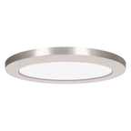 The ModPLUS 3CCT LED Flush Mount by Access Lighting features a round, flush-mount design with a brushed steel frame and a white diffused center for even illumination. This fixture measures 7 inches in diameter.