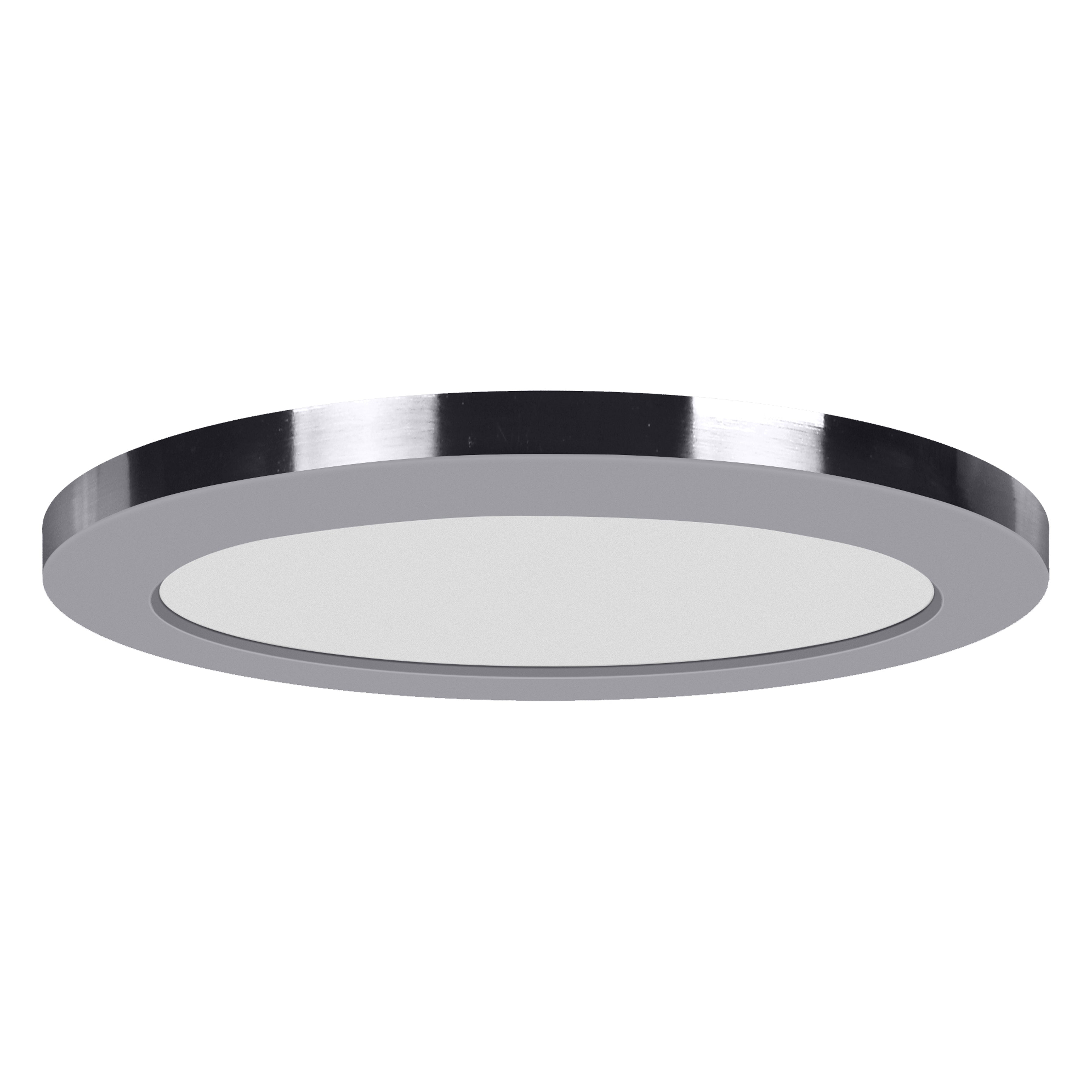 The ModPLUS LED Flush Mount by Access Lighting, shown in chrome with a 9″ round design and white diffuser, is viewed from a low angle against a plain background.