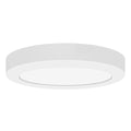 A white, round ModPLUS LED Flush Mount by Access Lighting features a flat, minimalist design.