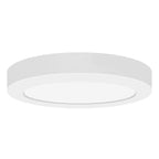 A white, round ModPLUS LED Flush Mount by Access Lighting features a flat, minimalist design.