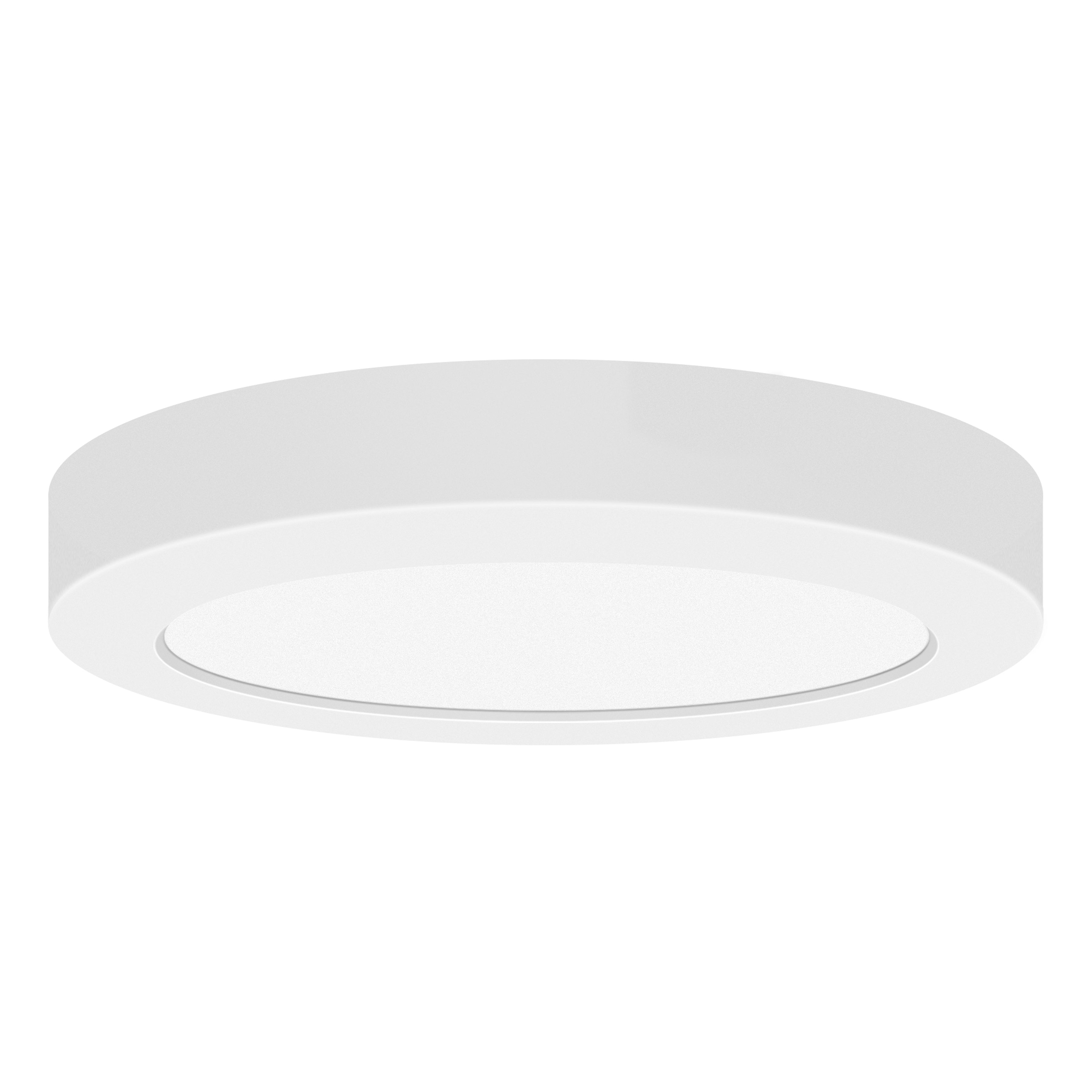 A white, round ModPLUS LED Flush Mount by Access Lighting features a flat, minimalist design.