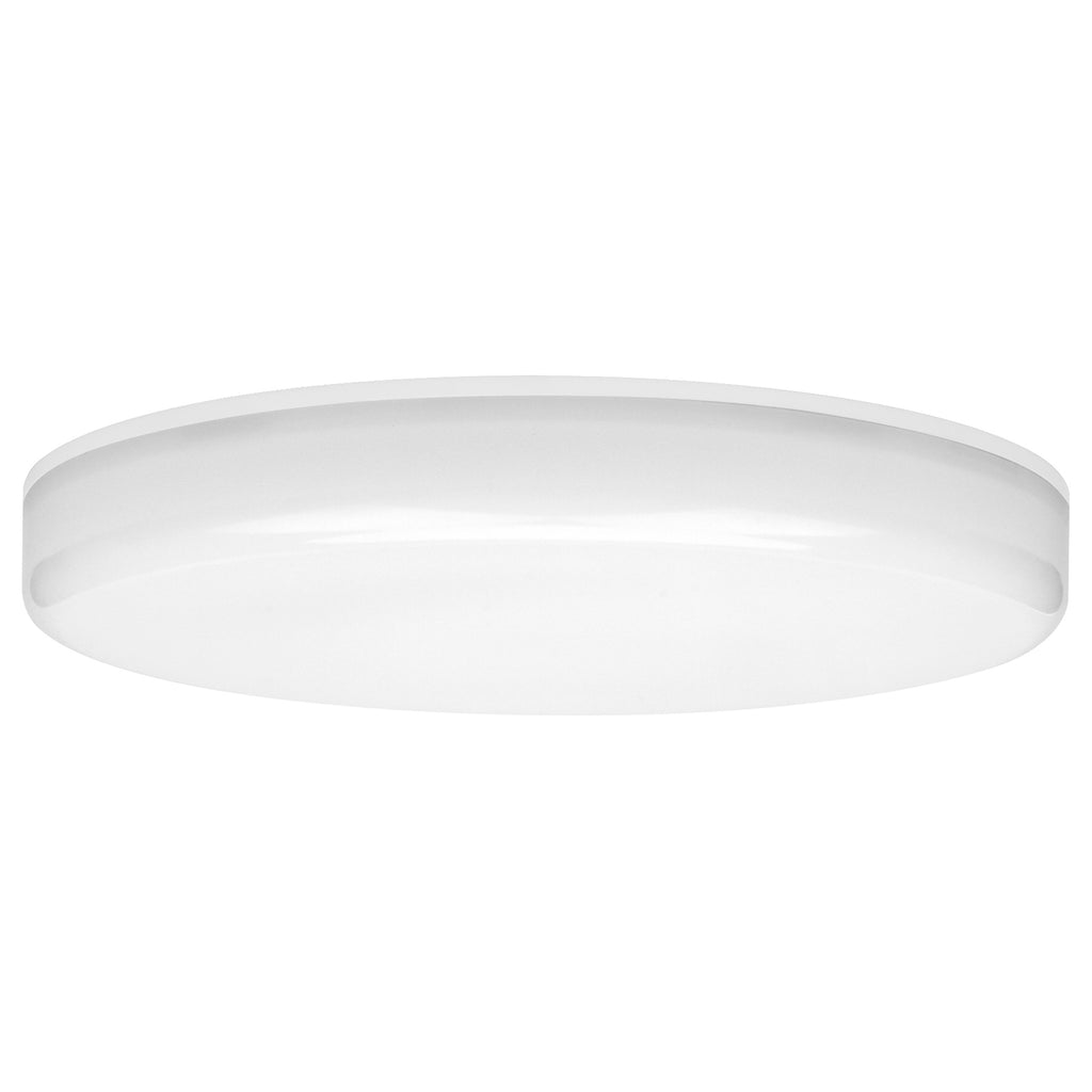 The Infinite Frameless LED Flush Mount, 16″ by Access Lighting is a white, round ceiling light fixture displayed against a plain background.