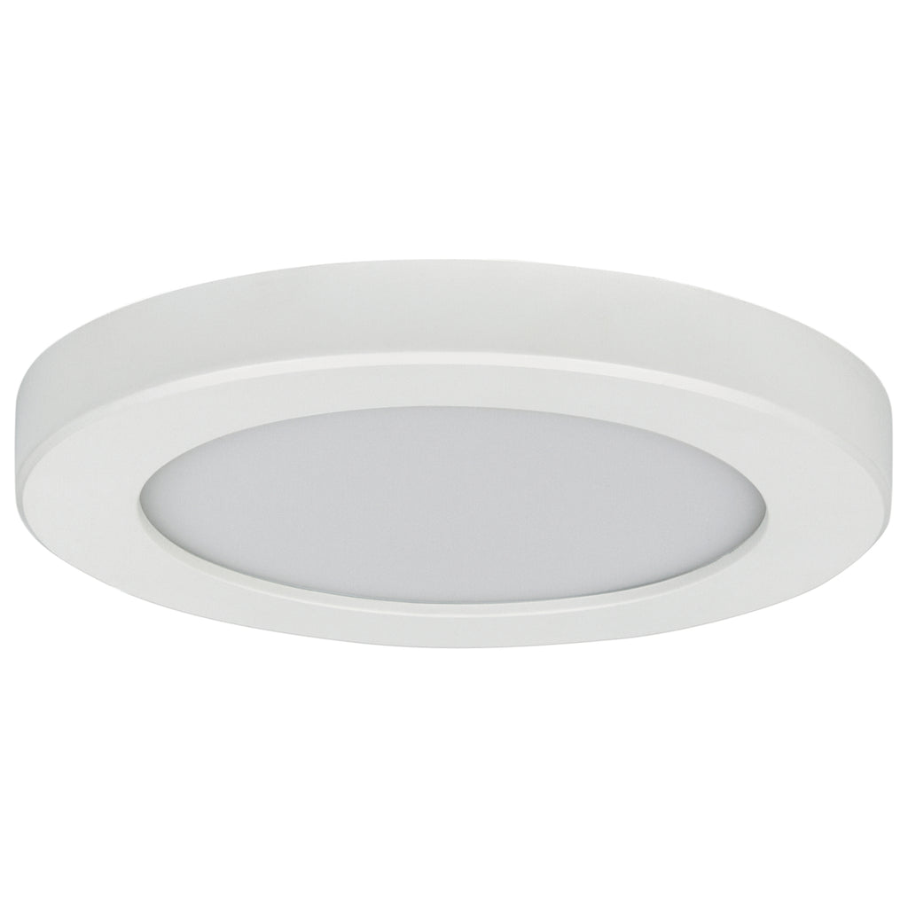 Access Lighting Slim LED Flush Mount, White / 7″: a flat, round ceiling fixture with a frosted center.
