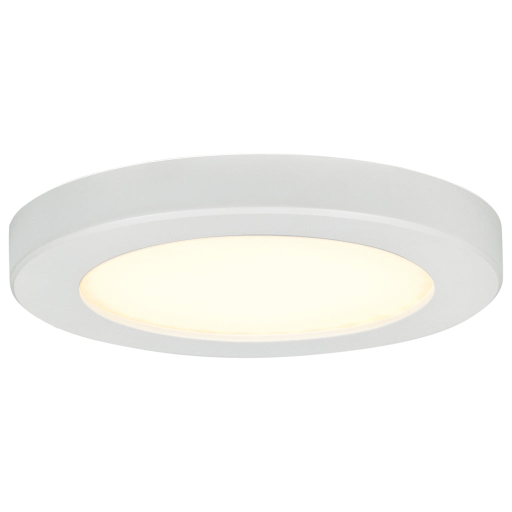 A round, white Slim LED Flush Mount ceiling light by Access Lighting, featuring a 9″ diameter and a diffused, glowing center.