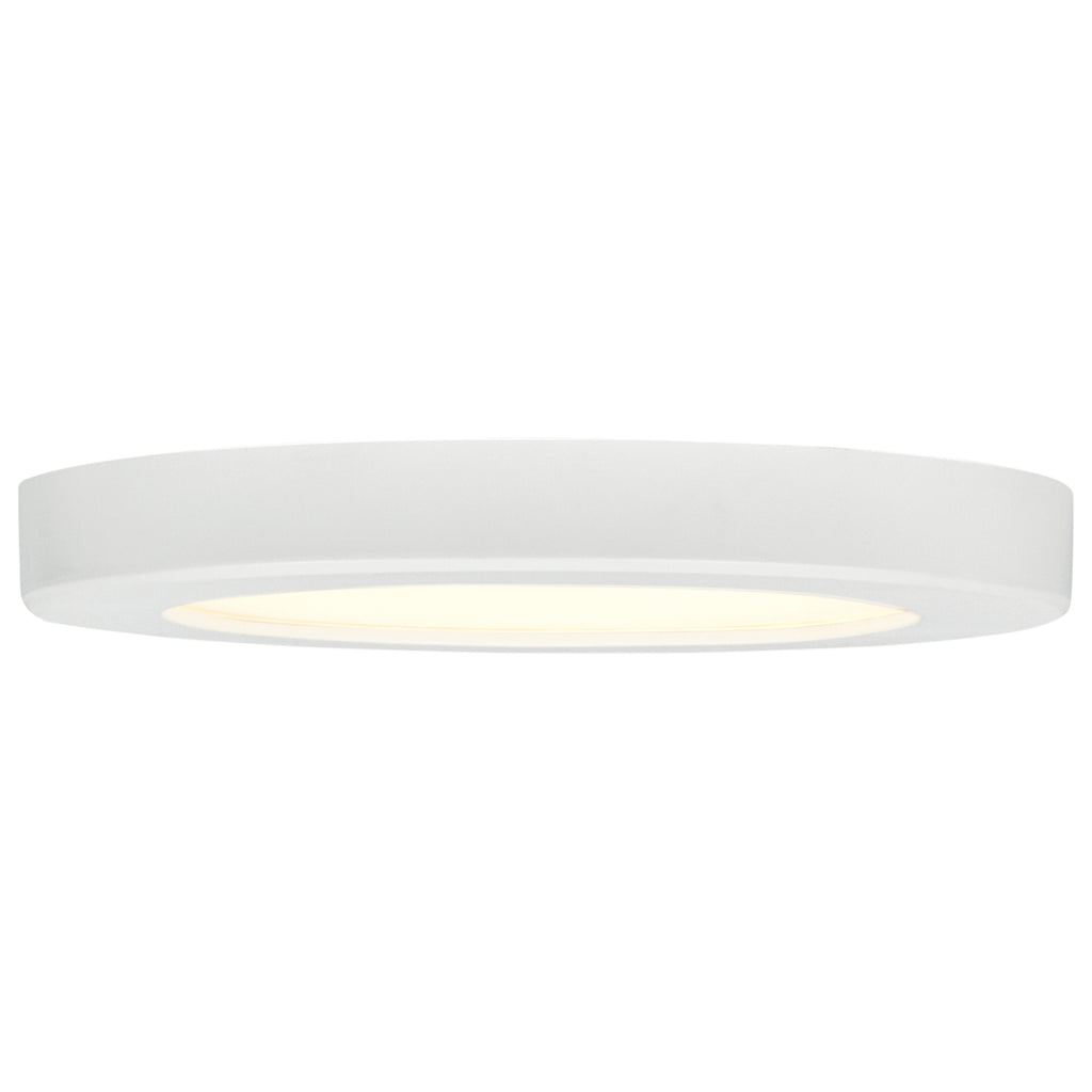 The Access Lighting Slim LED Flush Mount in white features a flat, round 9″ design with a softly glowing center, ideal for flush-mount ceiling installations.