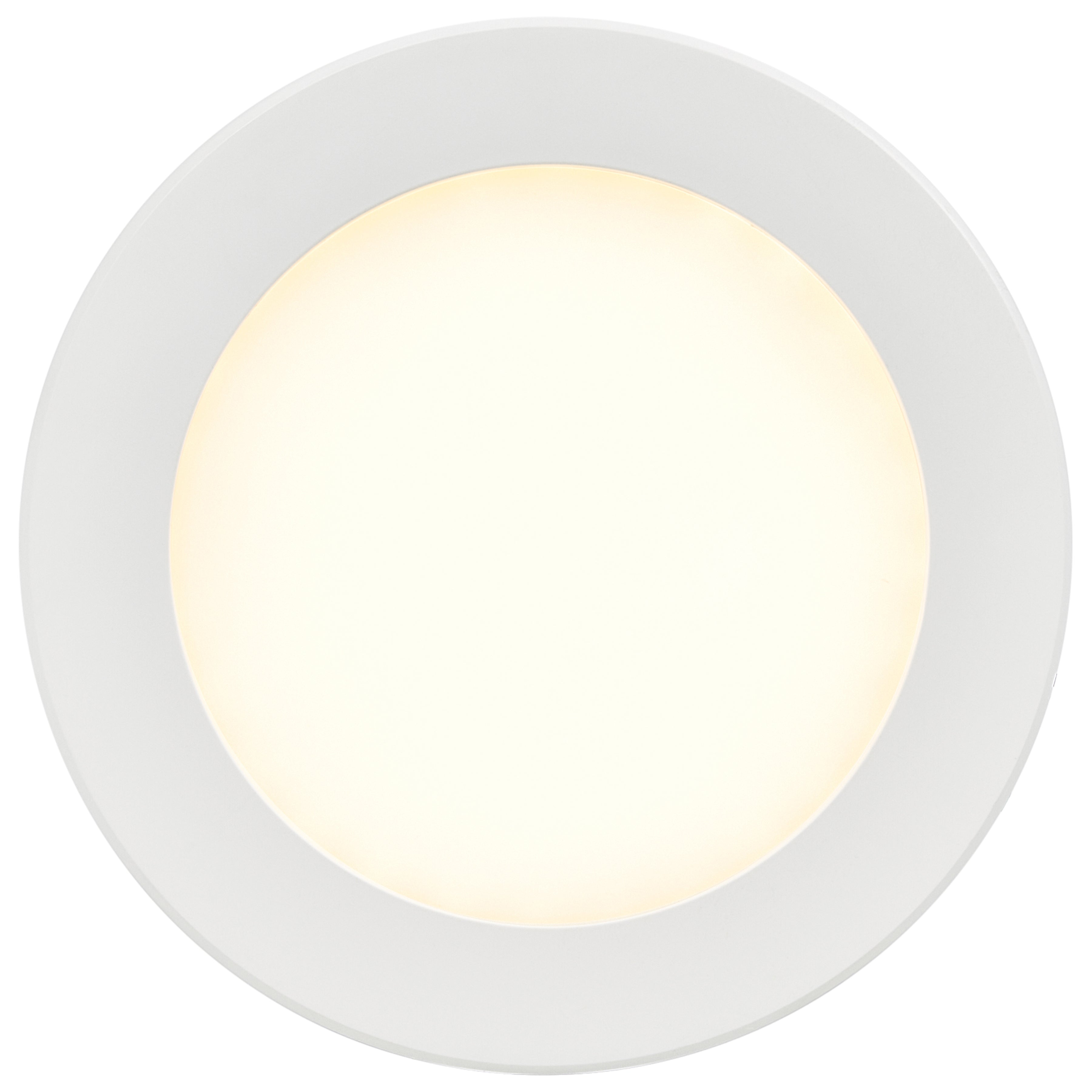 A Slim LED Flush Mount ceiling light by Access Lighting, in white with a 9″ diameter, is illuminated and viewed from below against a plain background.