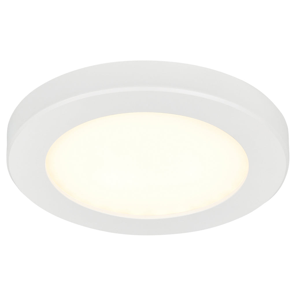 The Slim LED Flush Mount by Access Lighting in white, 9-inch size, features a round design with a soft, diffused glow and is installed flush to the ceiling for a sleek look when viewed from below.
