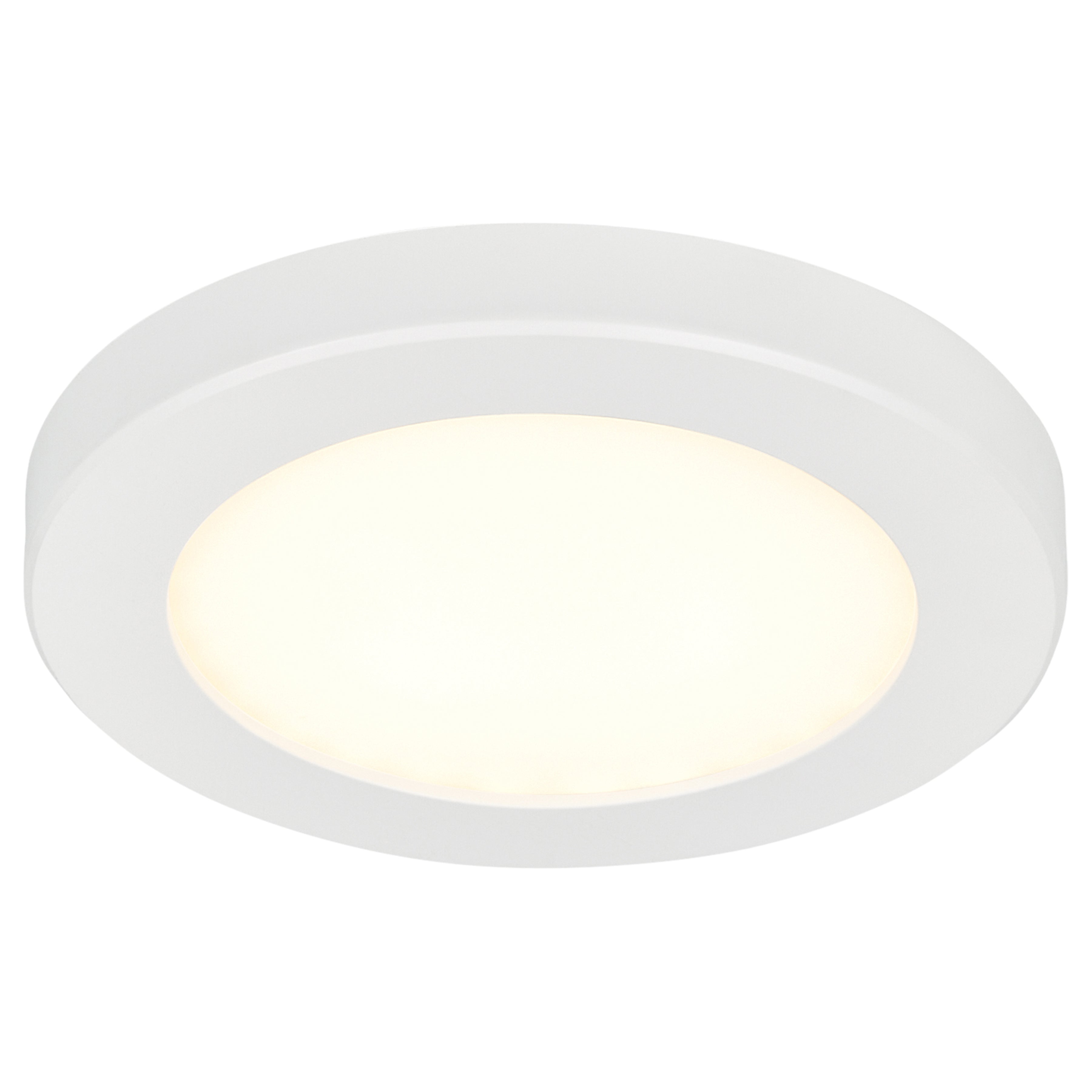 The Slim LED Flush Mount by Access Lighting in white, 9-inch size, features a round design with a soft, diffused glow and is installed flush to the ceiling for a sleek look when viewed from below.