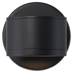 Ari Bare Outdoor LED Wall Mount by Access Lighting, featuring a black cylindrical design with a round backplate, shown against a white background.