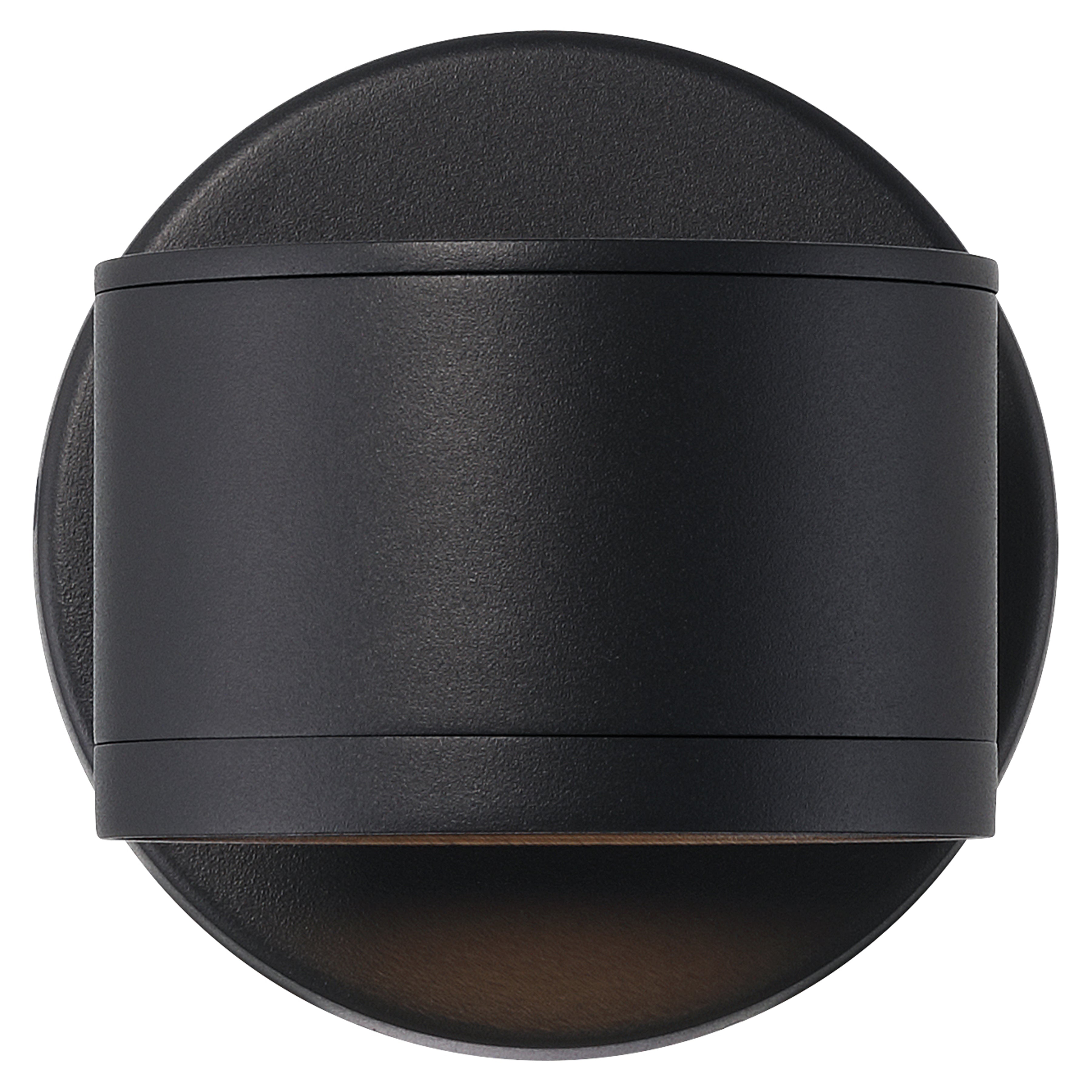 Ari Bare Outdoor LED Wall Mount by Access Lighting, featuring a black cylindrical design with a round backplate, shown against a white background.