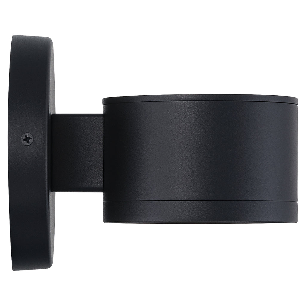 The Ari Bare Outdoor LED Wall Mount by Access Lighting is displayed in a side view, showcasing its black cylindrical design against a white background.