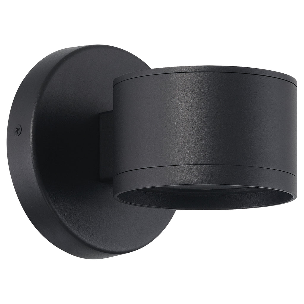 The Ari Bare Outdoor LED Wall Mount by Access Lighting, a black cylindrical fixture, is displayed against a white background.