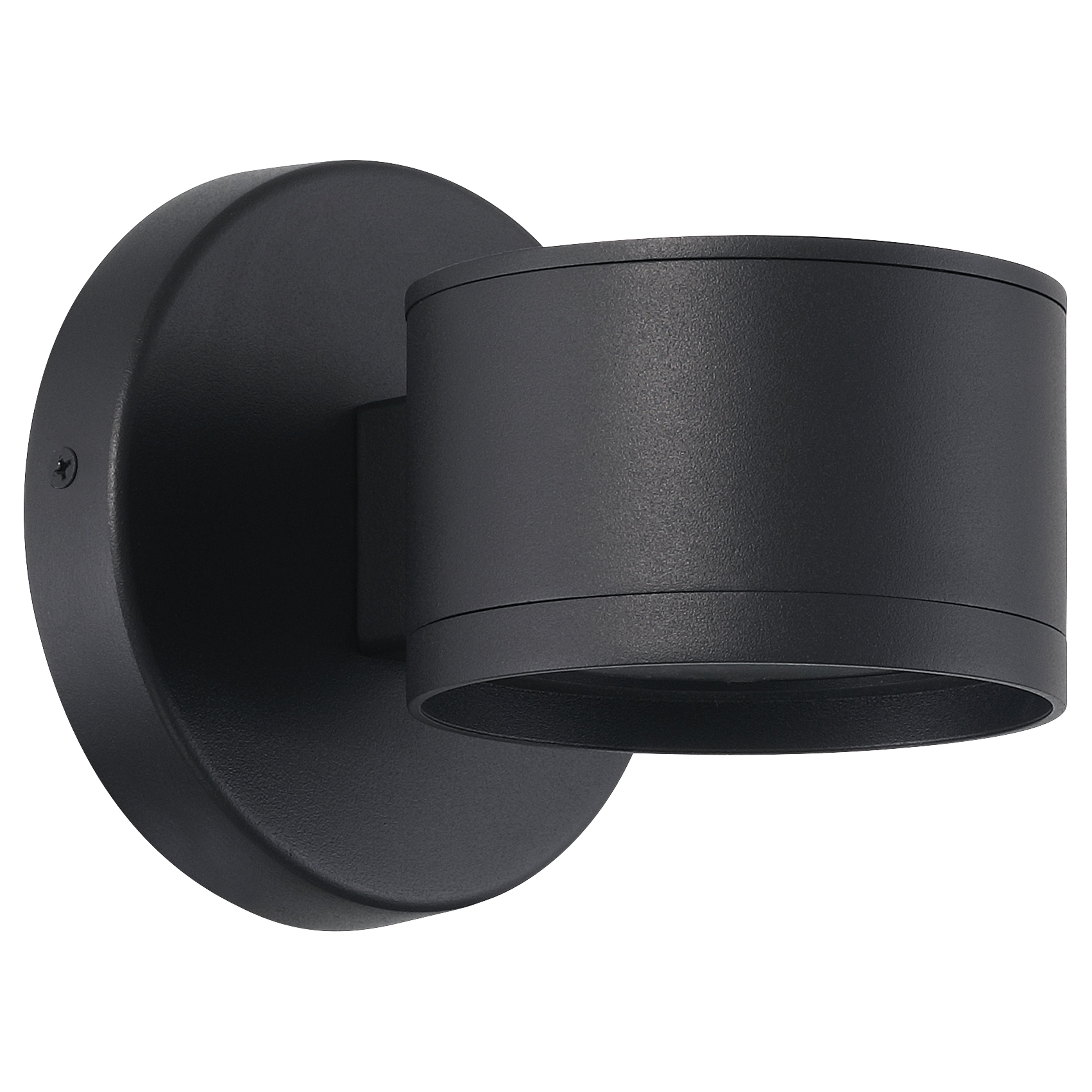 The Ari Bare Outdoor LED Wall Mount by Access Lighting, a black cylindrical fixture, is displayed against a white background.