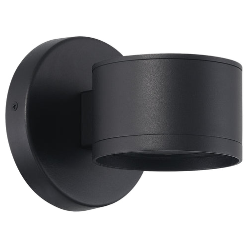 The Ari Bare Outdoor LED Wall Mount by Access Lighting, a black cylindrical fixture, is displayed against a white background.