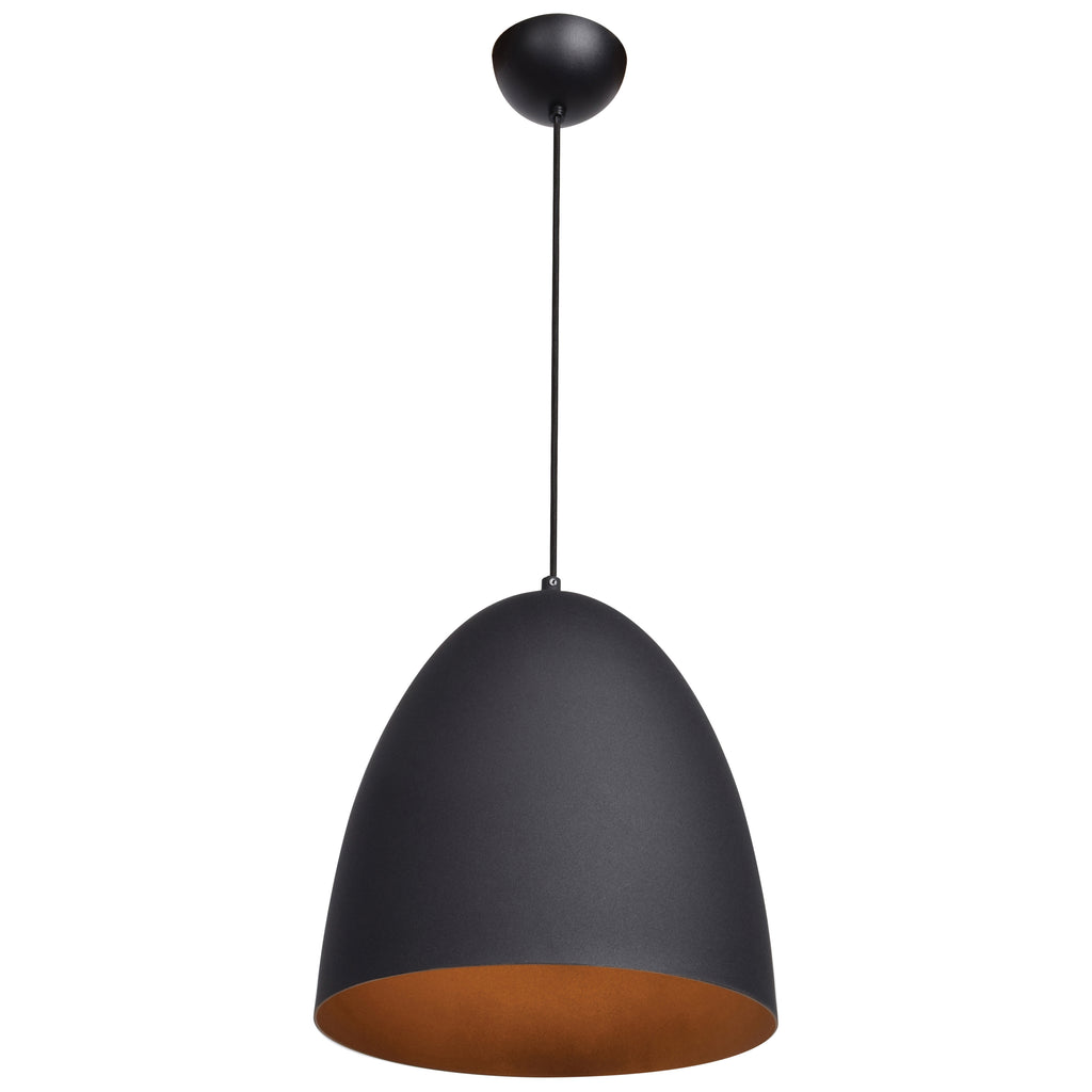 The Liberty LED Pendant by Access Lighting features a black dome-shaped design with a smooth exterior and a warm-colored interior, suspended from the ceiling by a single black cord.