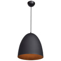 The Liberty LED Pendant by Access Lighting features a black dome-shaped design with a smooth exterior and a warm-colored interior, suspended from the ceiling by a single black cord.