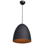 The Liberty LED Pendant by Access Lighting features a black dome-shaped design with a smooth exterior and a warm-colored interior, suspended from the ceiling by a single black cord.