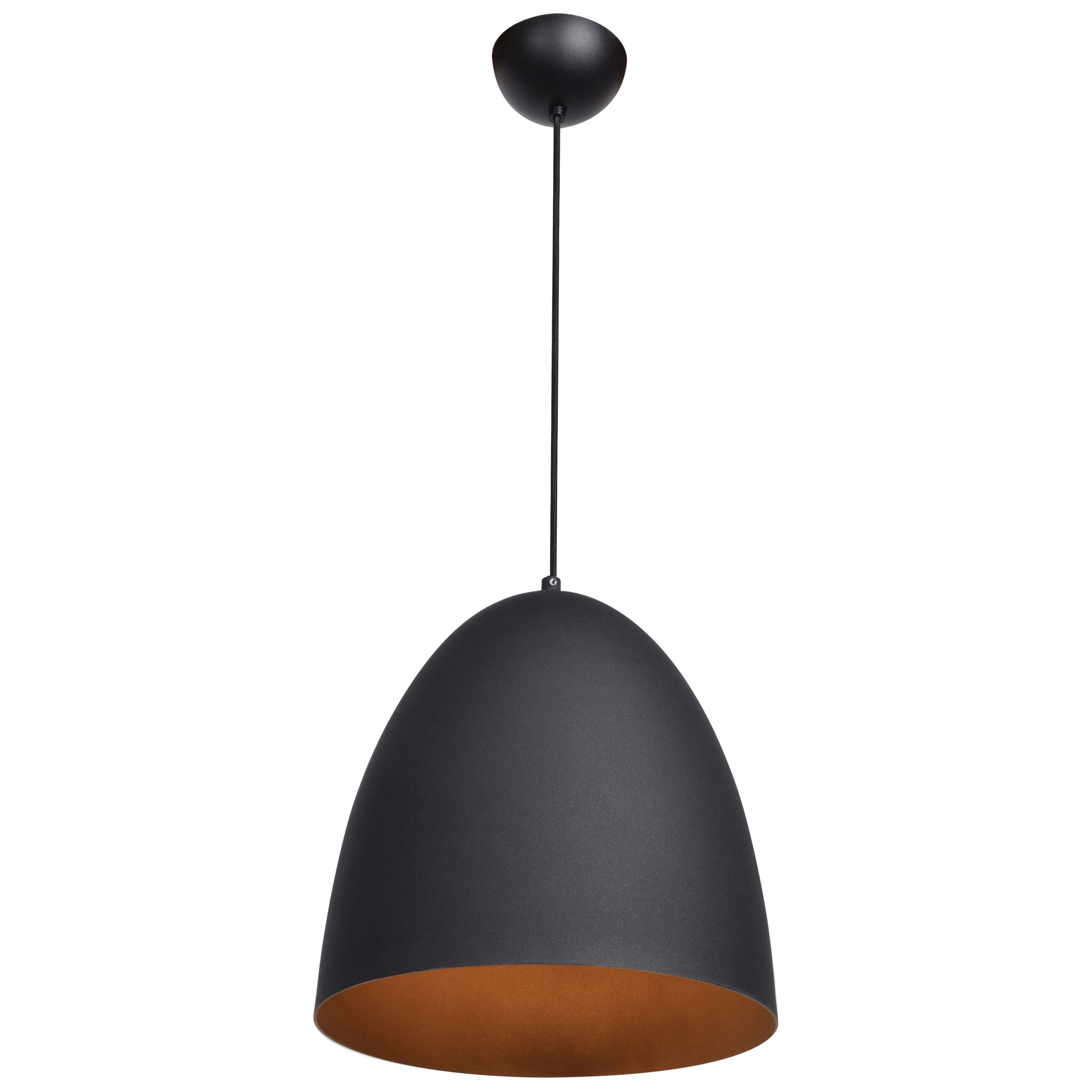 The Liberty LED Pendant by Access Lighting features a black dome-shaped design with a smooth exterior and a warm-colored interior, suspended from the ceiling by a single black cord.